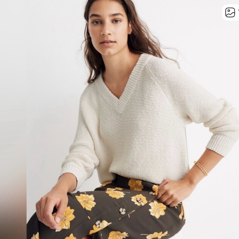 MADEWELL ARDEN V-NECK CROP PULLOVER COTTON SWEATER, Size Small color - ivory
